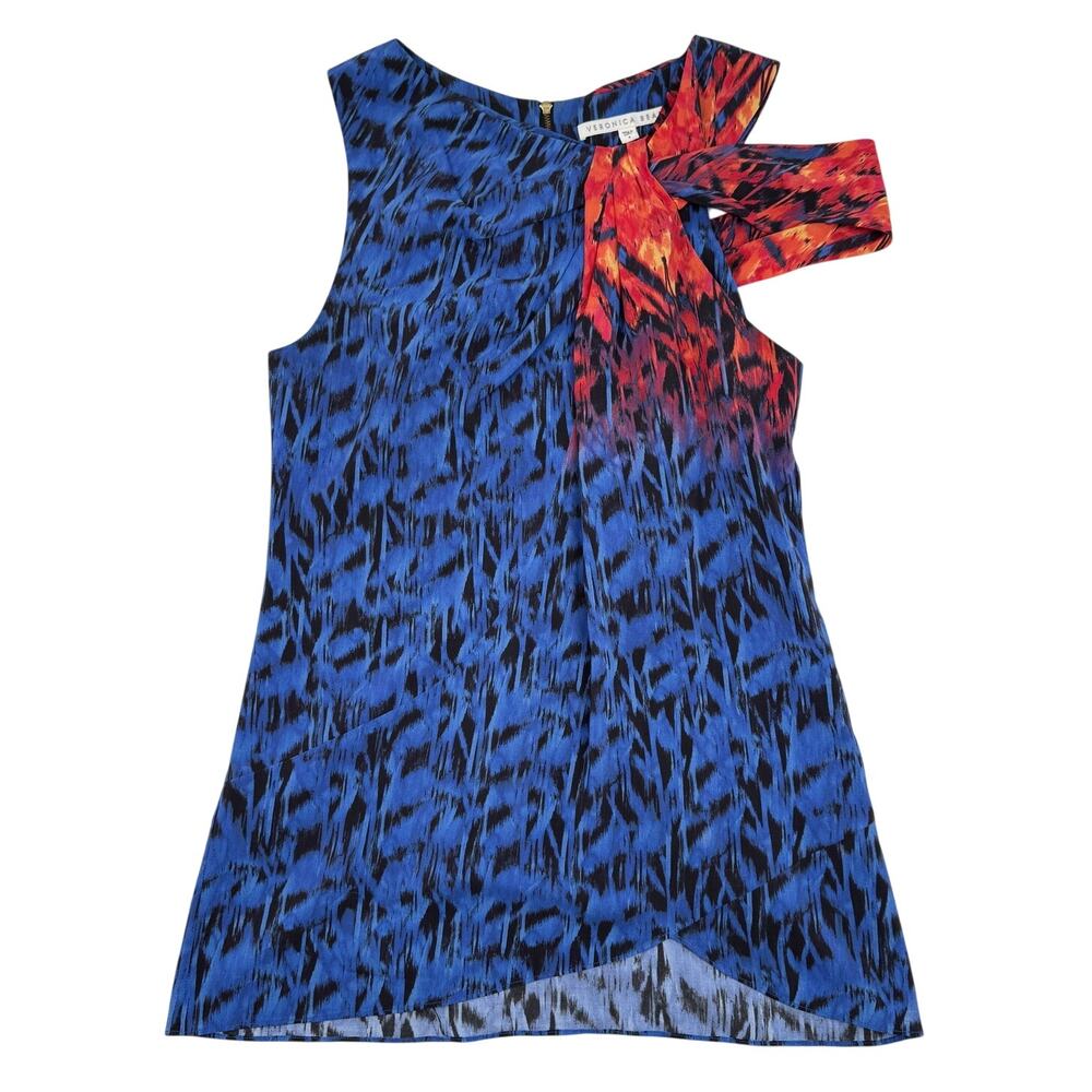 Veronica Beard Silk Blouse Asymmetric Draped Shoulder Size 4 Ikat Blue Red Print